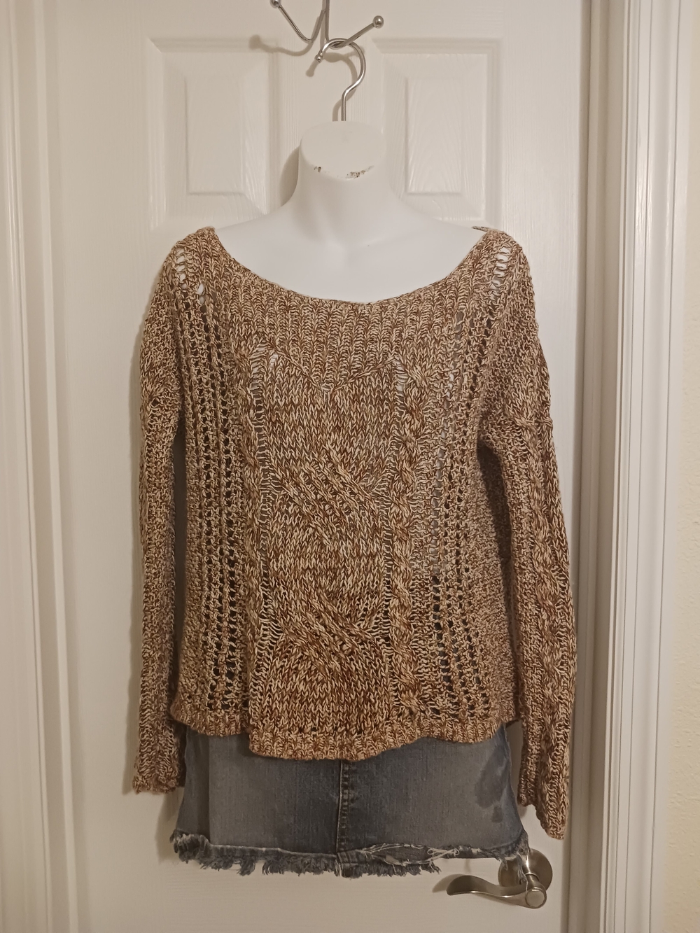 Free People Marled Brown & Cream Off-Shoulder Knit Sweater Linen Alpaca S/P